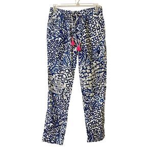 Lilly Pulitzer Size XS Aden Pants Blue White Printed Tassel Pull On Pants Linen